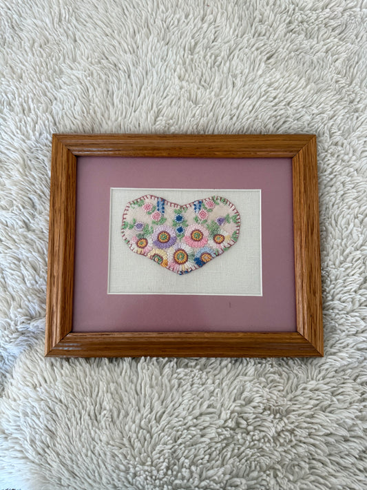 Framed Floral Heart Embroidery Art